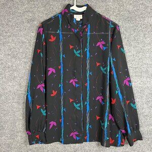 Vintage 80s Tan Jay Blouse Sheer Black Purple Green Blue Floral Leaves‎ Sz 14
